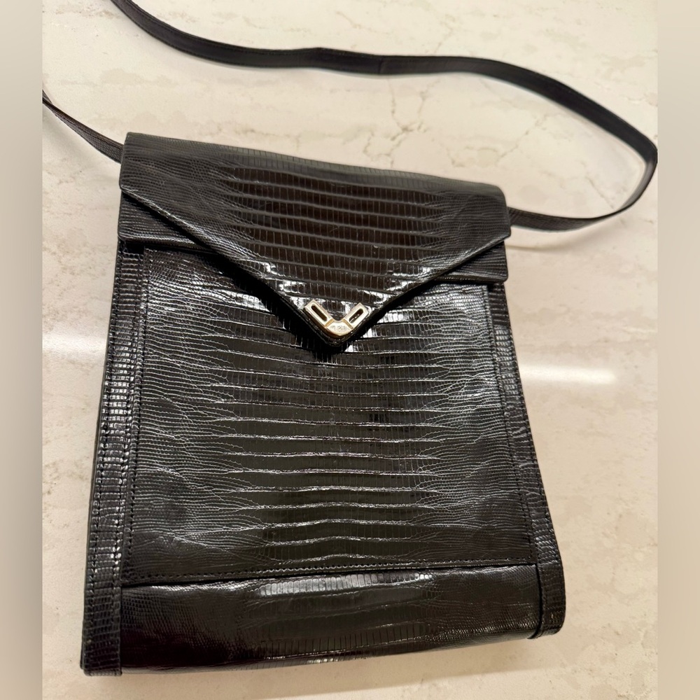 🐊RARE Vintage AR Arnold Roth West Germany Reptile Embossed Black Crossbody Purse